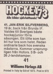 1972-73 Williams Hockey (Swedish) #41 Jan-Erik Silfverberg Back