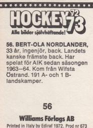 1972-73 Williams Hockey (Swedish) #56 Bert-Ola Nordlander Back