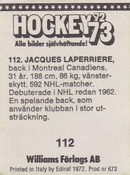 1972-73 Williams Hockey (Swedish) #112 Jacques Laperriere Back