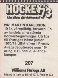 1972-73 Williams Hockey (Swedish) #207 Martin Karlsson Back