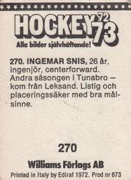 1972-73 Williams Hockey (Swedish) #270 Ingemar Snis Back