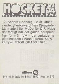 1973-74 Williams Hockey (Swedish) #17 Anders Hedberg Back