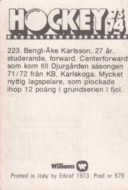 1973-74 Williams Hockey (Swedish) #223 Bengt Ake Karlsson Back