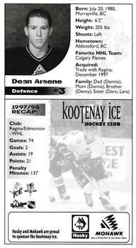 1998-99 Kootenay Ice (WHL) #3 Dean Arsene Back