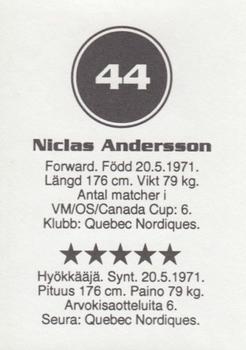 1993 Semic Hockey VM/Jaakiekon MM (Swedish/Finnish) Stickers #44 Niklas Andersson Back