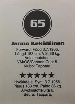 1993 Semic Hockey VM/Jaakiekon MM (Swedish/Finnish) Stickers #65 Jarmo Kekäläinen Back