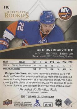 2016-17 Upper Deck Ultimate Collection - Ultimate Rookies Jersey Silver #110 Anthony Beauvillier Back