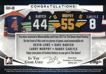 2017 Leaf In The Game Used - Quad Game-Used Jersey Purple Spectrum Foil #GU4-08 Kevin Lowe / Dave Babych / Larry Murphy / Randy Carlyle Back