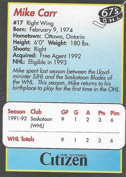 1992-93 Ottawa 67's (OHL) 25th Anniversary #NNO Mike Carr Back