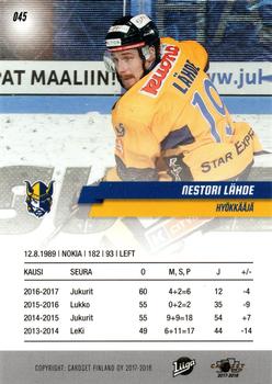 2017-18 Cardset Finland #045 Nestori Lähde Back