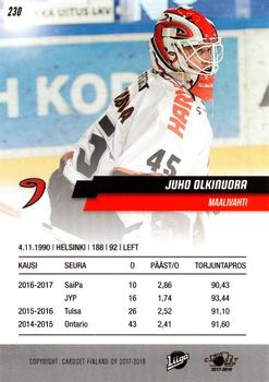 2017-18 Cardset Finland #230 Juho Olkinuora Back