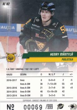 2017-18 Cardset Finland - Rookies (Series One) #RC 182 Henry Mäntylä Back