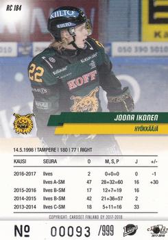 2017-18 Cardset Finland - Rookies (Series One) #RC 184 Joona Ikonen Back