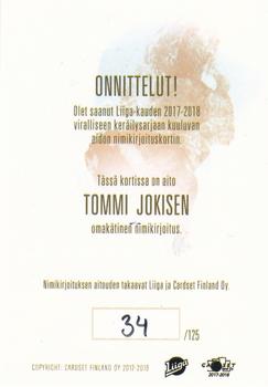 2017-18 Cardset Finland - Signature (Series One) #NNO Tommi Jokinen Back