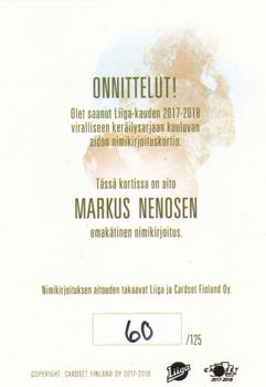 2017-18 Cardset Finland - Signature (Series One) #NNO Markus Nenonen Back