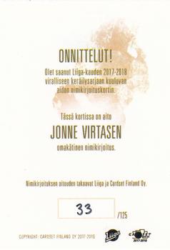 2017-18 Cardset Finland - Signature (Series One) #NNO Jonne Virtanen Back