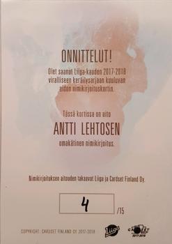 2017-18 Cardset Finland - Ultra Rare Signature (Series One) #NNO Antti Lehtonen Back