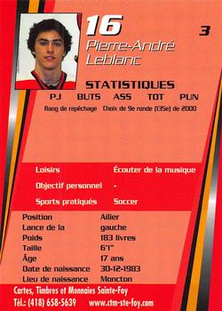 2000-01 Cartes, Timbres et Monnaies Sainte-Foy Baie-Comeau Drakkar (QMJHL) #3 Pierre-Andre Leblanc Back