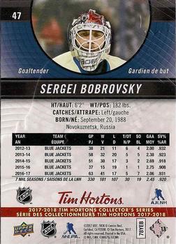 2017-18 Upper Deck Tim Hortons #47 Sergei Bobrovsky Back