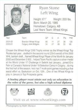 2002-03 McDonald's Brandon Wheat Kings (WHL) #NNO Ryan Stone Back