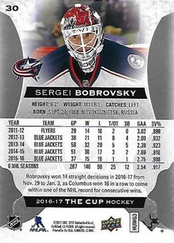 2016-17 Upper Deck The Cup #30 Sergei Bobrovsky Back