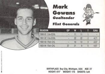1994-95 Flint Generals (CoHL) #NNO Mark Gowens Back