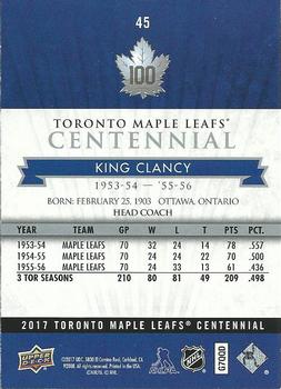 2017 Upper Deck Toronto Maple Leafs Centennial #45 King Clancy Back