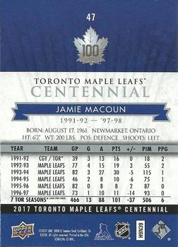 2017 Upper Deck Toronto Maple Leafs Centennial #47 Jamie Macoun Back