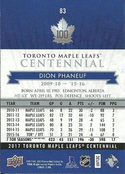 2017 Upper Deck Toronto Maple Leafs Centennial #83 Dion Phaneuf Back