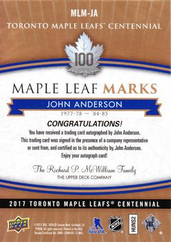 2017 Upper Deck Toronto Maple Leafs Centennial - Maple Leaf Marks #MLM-JA John Anderson Back