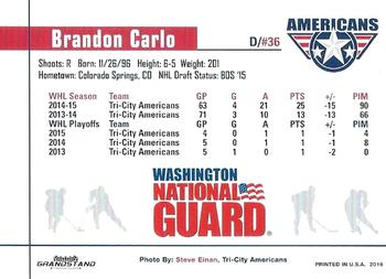 2015-16 Grandstand Tri-City Americans (WHL) #NNO Brandon Carlo Back