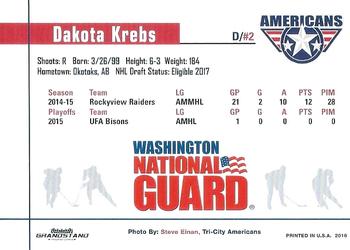 2015-16 Grandstand Tri-City Americans (WHL) #NNO Dakota Krebs Back