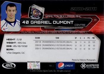 2010-11 Extreme Hamilton Bulldogs AHL #19 Gabriel Dumont Back