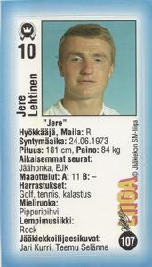 1992-93 Jyvas-Hyva Hockey-Liiga (Finnish) Stickers #107 Jere Lehtinen Front