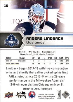2017-18 Upper Deck AHL #16 Anders Lindback Back