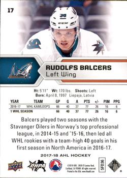 2017-18 Upper Deck AHL #17 Rudolfs Balcers Back