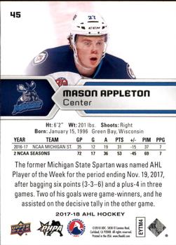 2017-18 Upper Deck AHL #45 Mason Appleton Back