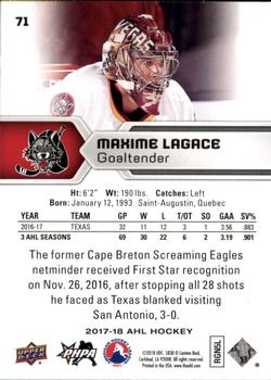 2017-18 Upper Deck AHL #71 Maxime Lagace Back