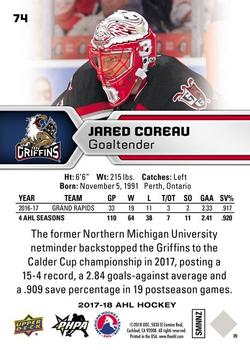 2017-18 Upper Deck AHL #74 Jared Coreau Back