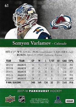 2017-18 Parkhurst #61 Semyon Varlamov Back