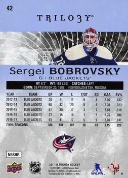 2017-18 Upper Deck Trilogy - Blue Foil #42 Sergei Bobrovsky Back