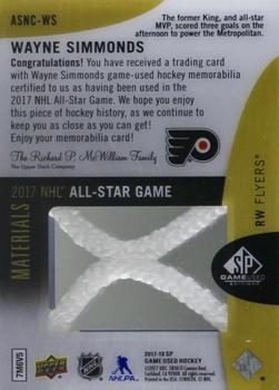 2017-18 SP Game Used - 2017 NHL All-Star Material Net Cord #ASNC-WS Wayne Simmonds Back