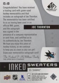 2017-18 SP Game Used - Inked Sweaters #IS-JO Joe Thornton Back