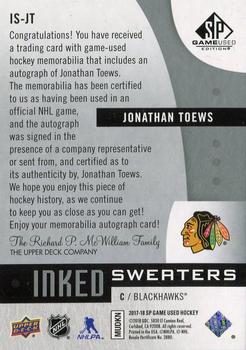 2017-18 SP Game Used - Inked Sweaters #IS-JT Jonathan Toews Back