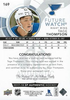 2017-18 SP Authentic #169 Tage Thompson Back