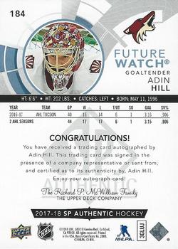 2017-18 SP Authentic #184 Adin Hill Back