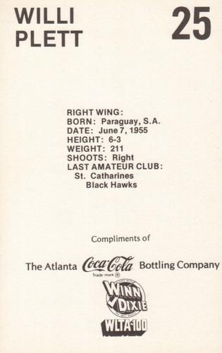 1978-79 Coca-Cola Atlanta Flames Postcards #NNO Willi Plett Back