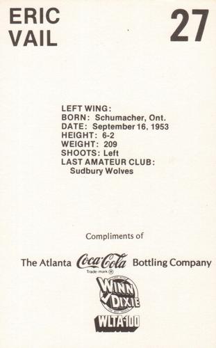 1978-79 Coca-Cola Atlanta Flames Postcards #NNO Eric Vail Back