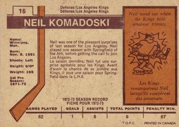 1973-74 O-Pee-Chee - Light Backs #16 Neil Komadoski Back