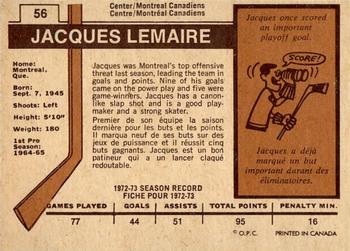 1973-74 O-Pee-Chee - Light Backs #56 Jacques Lemaire Back